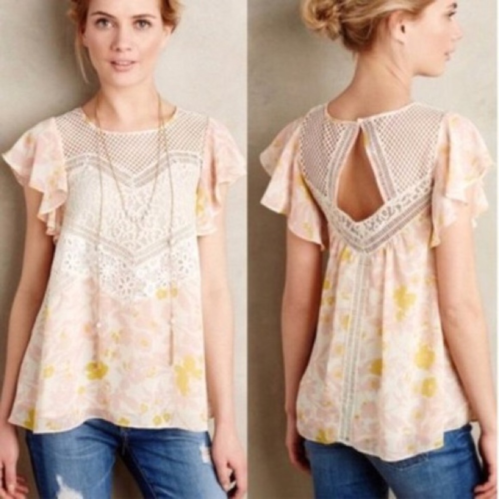 Anthropologie HD in Paris Floral Lace Blouse - Pink and White